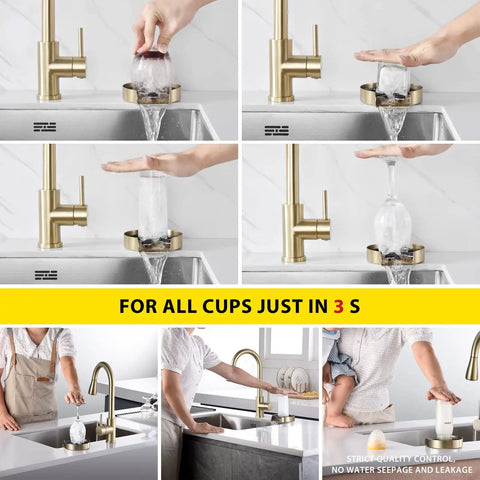 Demonstration of Glass Rinser For Sink, SUS 304 Stainless Steel Cup Washer, Kitchen Sink Accessory in use with various cups and bottles