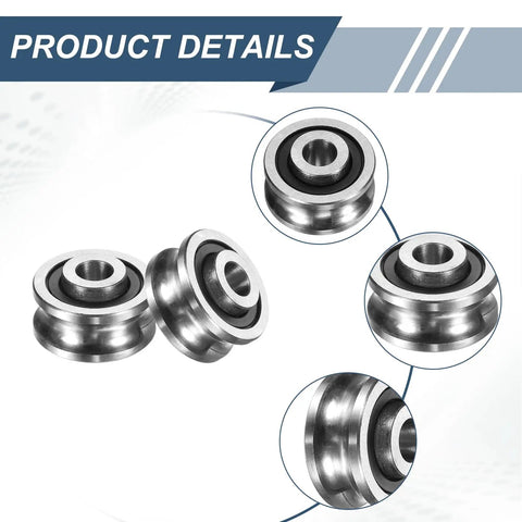 Product details of U Groove Bearings Four Pack 5x16x8mm with guide rail rollers for rail track linear motion systems and DIY 3D printer projects.
