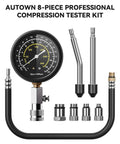 Rock Solid Gasoline Engine Compression Tester Kit With No Sweat 300 PSI Triple Scale Dial and eight piece adapter set.