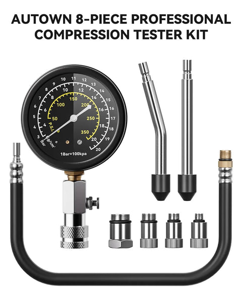Rock Solid Gasoline Engine Compression Tester Kit With No Sweat 300 PSI Triple Scale Dial and eight piece adapter set.