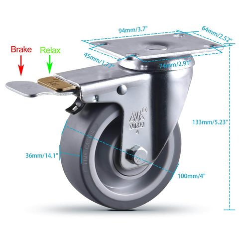 4 Inch Heavy Duty Caster Wheels With Brakes Set Of 4 2200 Lb Capacity Swivel TPR Rubber Quiet Locking Industrial Plate Casters