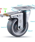 Side view of a 4-inch heavy-duty swivel caster wheel with brake and mounting plate; gray TPR rubber wheel.