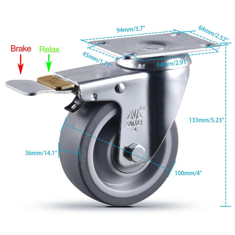 Side view of a 4-inch heavy-duty swivel caster wheel with brake and mounting plate; gray TPR rubber wheel.