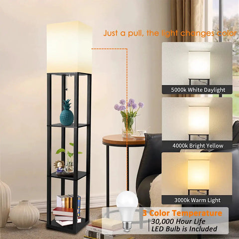 Floor Lamp With Shelves Modern Standing Shelf Light With 3 CCT LED Bulbs Built In Storage Shelves For Living Room Bedroom And Office Black Finish Sturdy No Tip Base