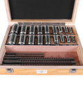 Open wooden box with Go To Pro Grade Keyway Broach Kit For Metalworking And Manufacturing With 5 Broaches and 18 Bushings visible