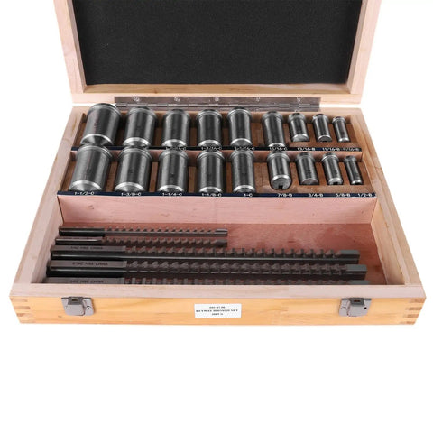 Open wooden box with Go To Pro Grade Keyway Broach Kit For Metalworking And Manufacturing With 5 Broaches and 18 Bushings visible