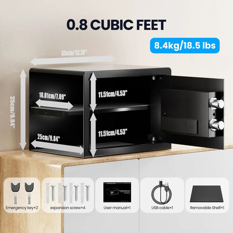 Smart Biometric Safe With Fingerprint Lock showing dimensions, installation tools, and removable shelf, ideal for homes.
