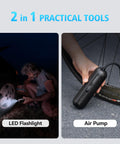 2 in 1 flashlight and On The Go Portable Electric Air Compressor Pump for Bikes and Cars, inflating tire at night.