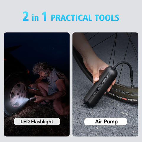 2 in 1 flashlight and On The Go Portable Electric Air Compressor Pump for Bikes and Cars, inflating tire at night.