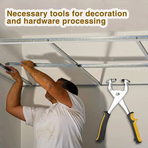9.5 Inch Ceiling Grid Punch Tool For Suspended Ceilings displayed with worker installing metal grid
