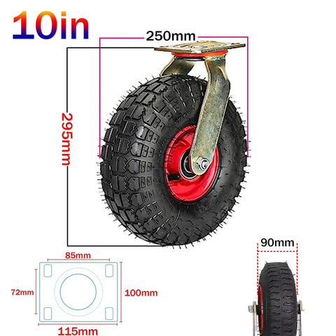10-inch Beefed-Up Heavy Duty Caster Wheels Set With Top Plate Swivel For Industrial Carts And Workbenches, tire dimensions shown.