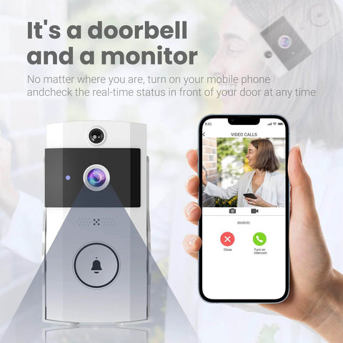Wireless Wi-Fi Video Doorbell Camera With Two-Way Audio For Outdoor Front Door No-Brainer Easy Install Night Vision And Cloud Storage 2 4G Wi-Fi Video Doorbell With Chime Home Security System White shown with smartphone app display