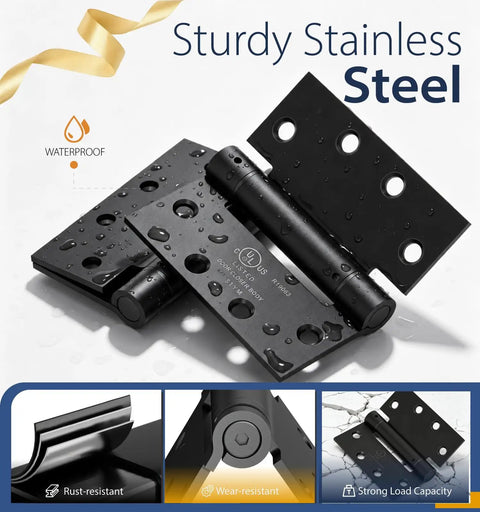 3 Pack Self-Closing Door Hinges, 4.5 Inch Spring Hinges With Adjustable Tension, Square Corner, Black UL Listed, waterproof.