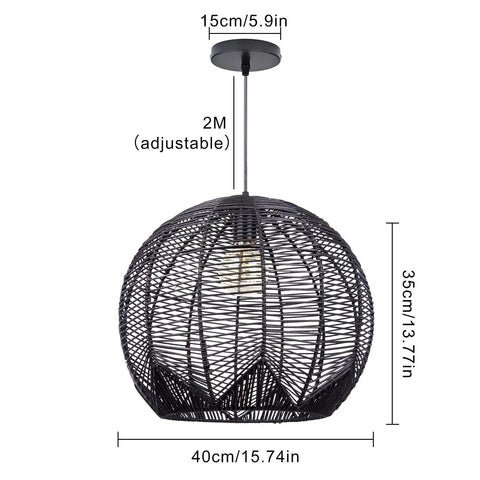 Coastal Industrial Rattan Chandelier With Black Round Wicker Shade Pendant Lamp for Living Room, 15.74in wide x 13.77in high