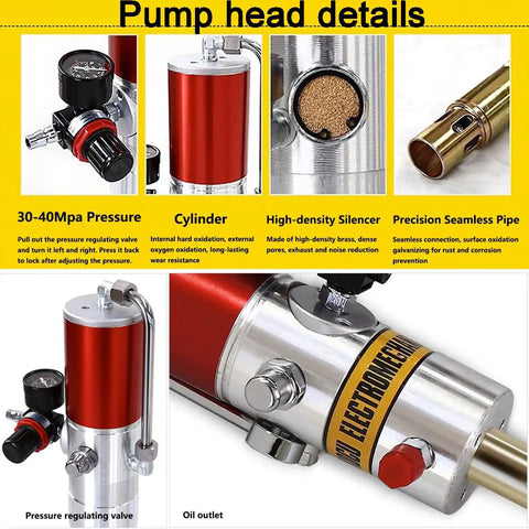 Heavy Duty Pneumatic Grease Gun With A 50 To 1 Air Operated Pressure Ratio Extended Tube For Construction And Farm Equipment No Sweat Lubrication Setup pump head with pressure regulating valve, aluminum cylinder, silencer, and seamless pipe.