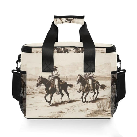 Desert Cowboys Insulated Lunch Bag With Shoulder Strap, 15L, tear-resistant polyester, cowboy design, side mesh pockets.