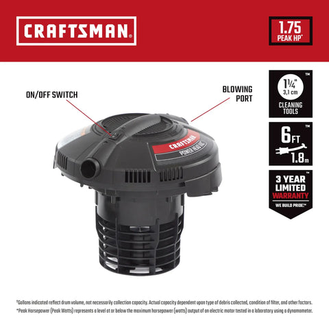 1.75 Peak HP Wet Dry Vac Powerhead For 5 Gallon Buckets with on/off switch and blowing port, Craftsman branding visible