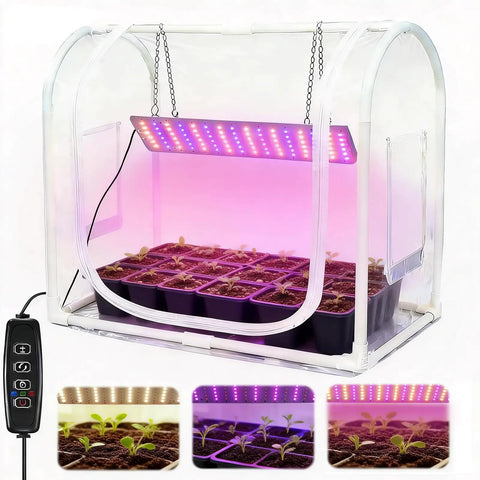 Mini Indoor Outdoor Greenhouse Grow Light Kit With Timer And Dimming, metal tabletop frame, LED light illuminating seedlings