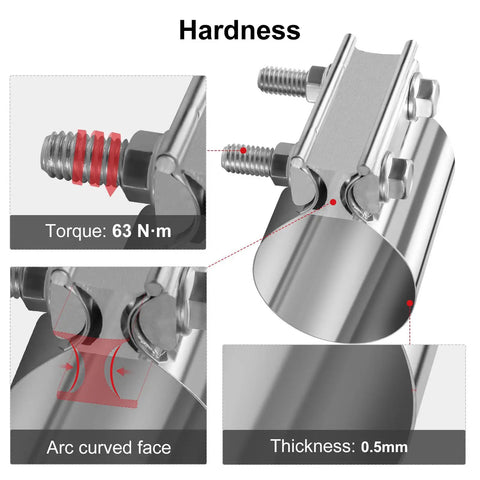 3 Inch Stainless Steel Exhaust Clamp Set For Butt Joint Connection 2 Pack Band Sleeve Couplers details with torque and arc