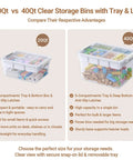 Comparison of 20Qt and Stackable 40Qt Storage Bins With Lids And Trays, clear plastic latching boxes with dividers, showing capacity differences.