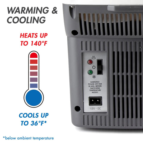 Compact 6 Quart Thermoelectric Cooler And Warmer For Car Rv And Truck showing temperature controls for warming and cooling modes.
