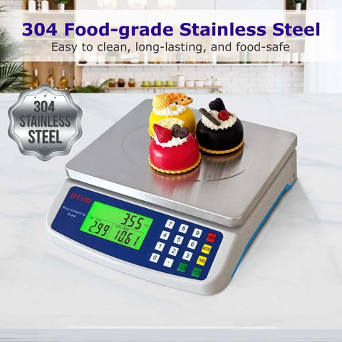 Pro Grade Digital Kitchen Scale 40kg 88lb Stainless Steel With LCD Display For Price Computing And Item Counting Deli Scale For Baking Bread Cooking Meat Prep Coins And Parts Adapter Included showing desserts