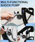 Pro Grade High Pressure Bike Shock Pump With Gauge, 300 PSI Max demonstrating use on bicycle rear shock and front fork