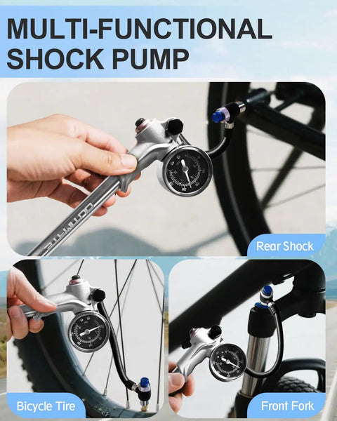 Pro Grade High Pressure Bike Shock Pump With Gauge, 300 PSI Max demonstrating use on bicycle rear shock and front fork