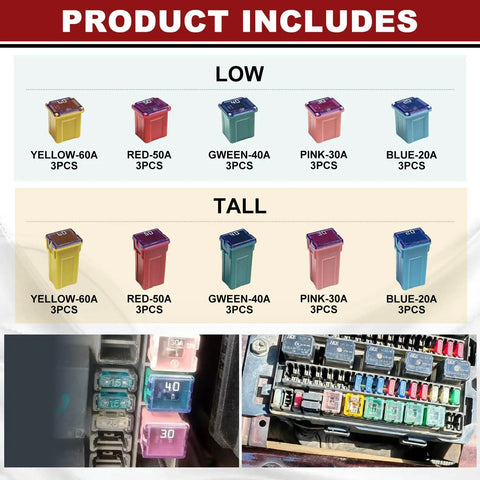 Kickass 30 Pc Automotive Fuse Assortment Kit With Heavy Duty Copper Contacts Color Coded Amperage Ratings showing low and tall fuses.