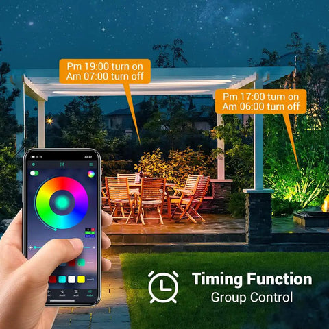 Outdoor RGB CW 20W LED Flood Lights 4 Pack With Bluetooth Mesh And App Control illuminating patio, smartphone app visible