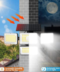 Image showing Outdoor Solar Flood Lights With 288 LED 2500LM 4 Head Motion Sensor Security Light With Remote in day and night operation.