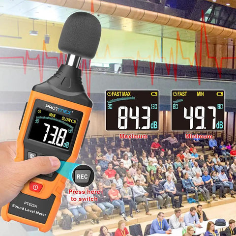 Digital Sound Level Meter With Temperature And Humidity Readouts 30 To 130 DB A Weighted Max Min Data Hold Large Backlit LCD