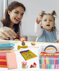 Mother and child playing with 50 Color Polymer Clay Set For Kids And Artists, non sticky oven bake, two layer storage box visible