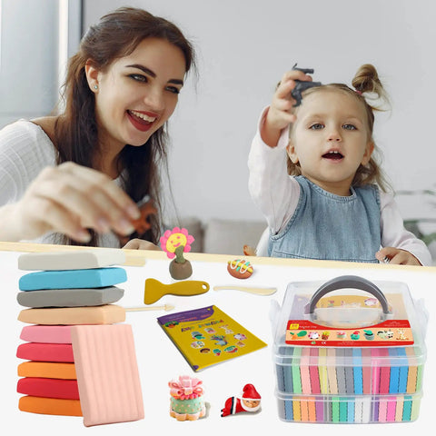 Mother and child playing with 50 Color Polymer Clay Set For Kids And Artists, non sticky oven bake, two layer storage box visible