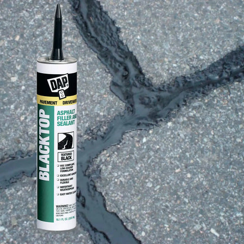 12 Pack 10.1 Oz Blacktop Asphalt Filler And Sealant Textured Black VOC Compliant for crack repair, shown near sealed pavement crack.