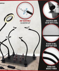 Pro Grade Soldering Station With 3X Magnifying Lamp And LED Light USB Powered Third Hand Tool shown with flexible arms and base