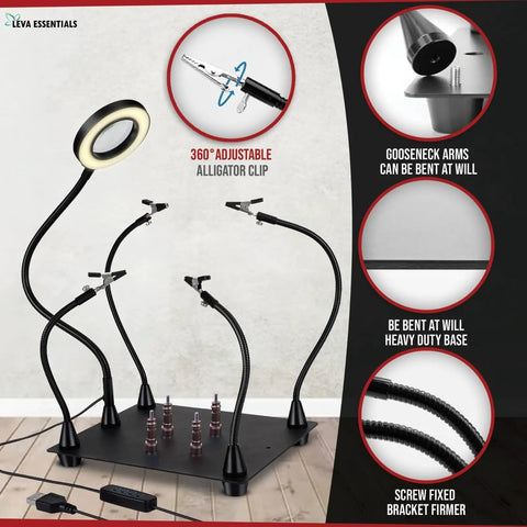 Pro Grade Soldering Station With 3X Magnifying Lamp And LED Light USB Powered Third Hand Tool shown with flexible arms and base