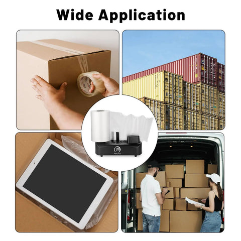 Air Cushion Machine And Air Pillow Maker With 300 Meter Film being used for packaging boxes and products in a shipping environment.
