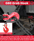 G80 Chain And Binder Set One Quarter To Five Sixteenths Inch Four Pack With Ten Foot Chains Ratchet Tie Down Binders Built Tough For 2200 Lbs Working Load Includes G80 Chain Hooks For Safer Tie Downs, with red grab hook on truck