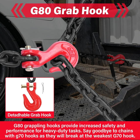G80 Chain And Binder Set One Quarter To Five Sixteenths Inch Four Pack With Ten Foot Chains Ratchet Tie Down Binders Built Tough For 2200 Lbs Working Load Includes G80 Chain Hooks For Safer Tie Downs, with red grab hook on truck