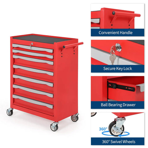 Seven Drawer Rolling Tool Chest With Lock Heavy Duty Modular Steel Toolbox Large Capacity Mobile Storage Cabinet With Drawer Liners