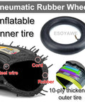 Heavy Duty Swivel Caster Wheels Set Of Four With Ten Inch Silent Pneumatic Rubber Tires And Steel Brake Plates For Industrial Carts Or Shop Workbenches. Close-up of pneumatic rubber wheel construction with inner tire visible.