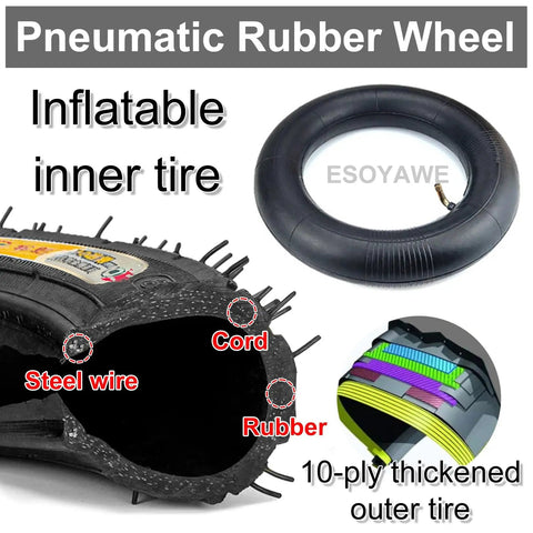 Heavy Duty Swivel Caster Wheels Set Of Four With Ten Inch Silent Pneumatic Rubber Tires And Steel Brake Plates For Industrial Carts Or Shop Workbenches. Close-up of pneumatic rubber wheel construction with inner tire visible.