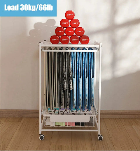 Heavy Duty Steel Rolling Pants Hanger Cart For Compact Closets Featuring Smooth Glide Rails That Pull Out Jeans Straight Up Hassle Free With Locking Casters And Built In Drawer Storage For Everyday Organization