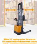 3300 Lb Capacity Electric Walkie Stacker With 130 In Lift Height And Powered Drive For Easy Material Handling in a warehouse setting.
