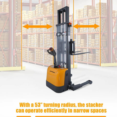 3300 Lb Capacity Electric Walkie Stacker With 130 In Lift Height And Powered Drive For Easy Material Handling in a warehouse setting.