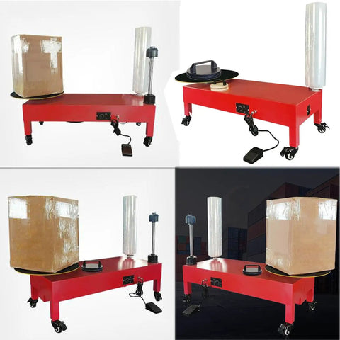 Heavy Duty Industrial Grade Double Shaft Electric Stretch Film Wrapping Machine With Hand Grip Turntable For Fast Pallet Packaging, red design with rotating base and foot pedal