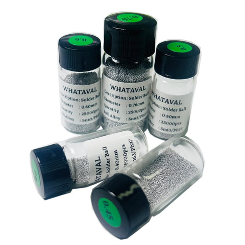 Five Bottle Leaded BGA Solder Balls Set With Twenty Five Thousand Per Bottle Sn63 Pb37 Reballing Tin Balls For GPU And CPU IC Chips Soldering Rework And Circuit Board Repair Pro Grade Quality Durable And Ready To Use.