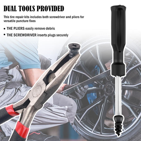 Close-up of pliers and screwdriver from the 60 Piece Tire Plug Kit With Pliers And Screwdrivers For Emergency Puncture Repair