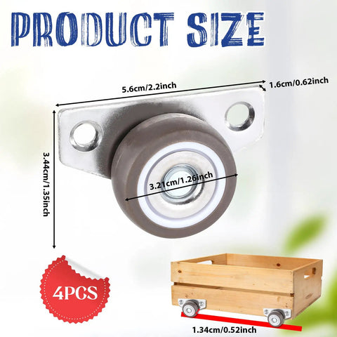 Four 1.25 Inch Small Low Profile Caster Wheels With Steel Top Plate For Furniture Drawers DIY Projects Mini Fixed Casters Set